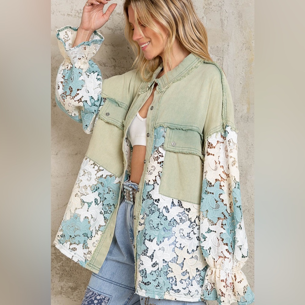 #30  🩷New! Pol Gorgeous Sage Lace Shacket with detailed ruffled sleeves